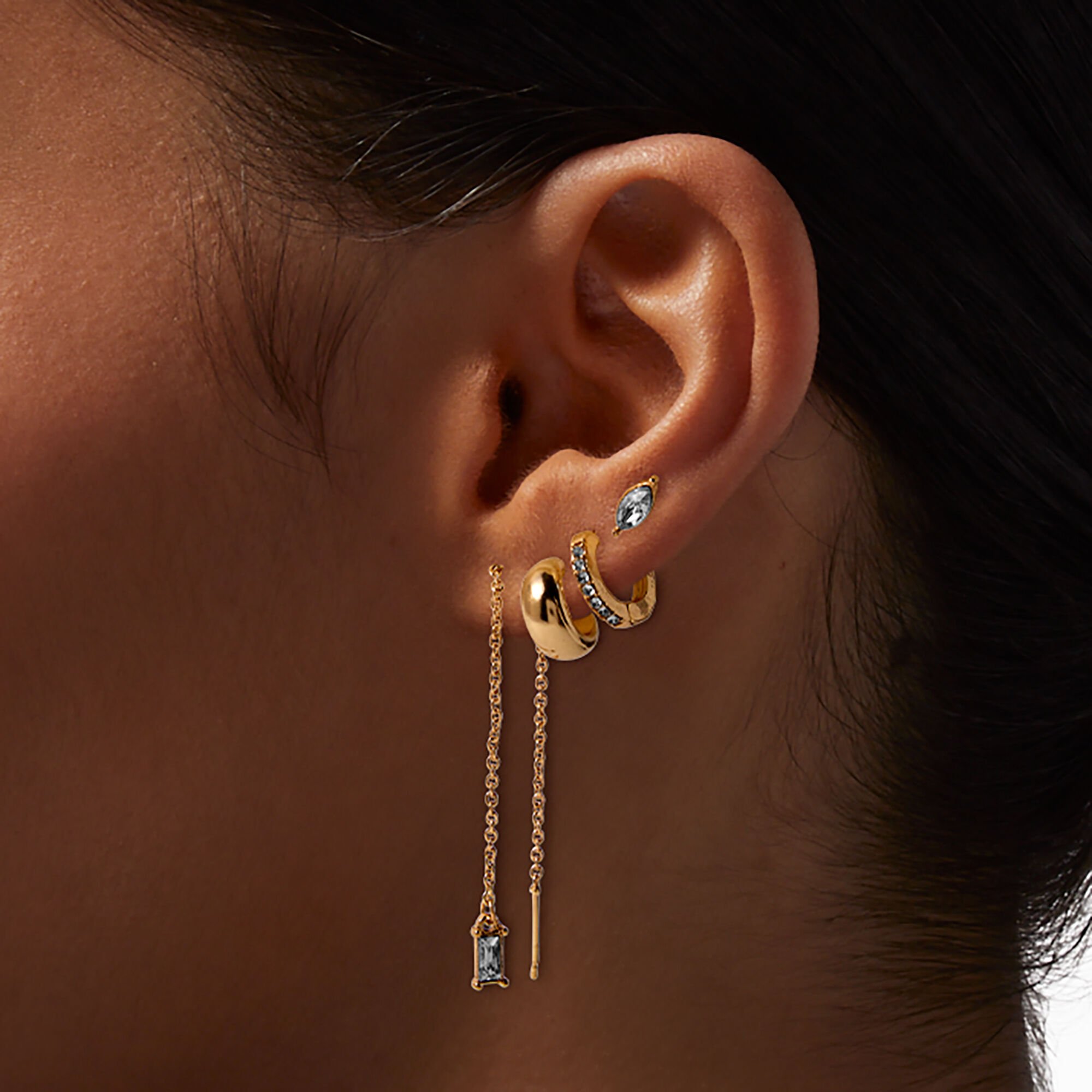 Gold-tone Chain Crystal Earring Stackables Set - 6 Pack,