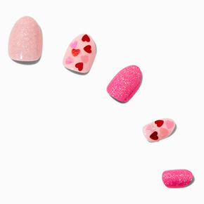 Hearts &amp; Pink Glitter Round Press On Faux Nail Set - 24 Pack,