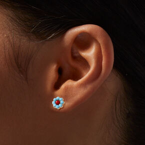 Light Blue Beaded Flower Stud Earrings ,