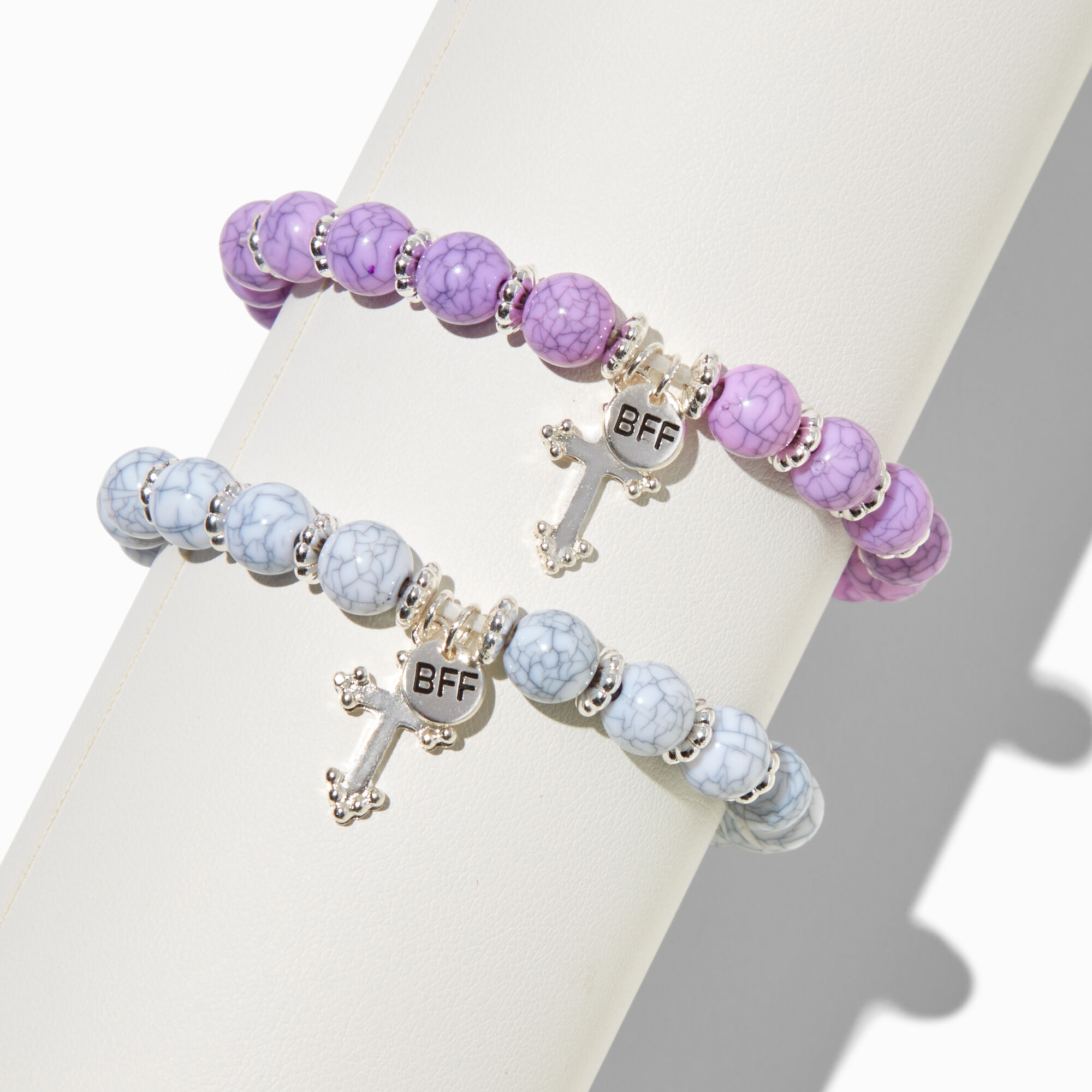 Best Friends Cross Marbled Beaded Stretch Bracelets - 2 Pack