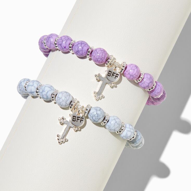 Best Friends Cross Marbled Beaded Stretch Bracelets - 2 Pack,