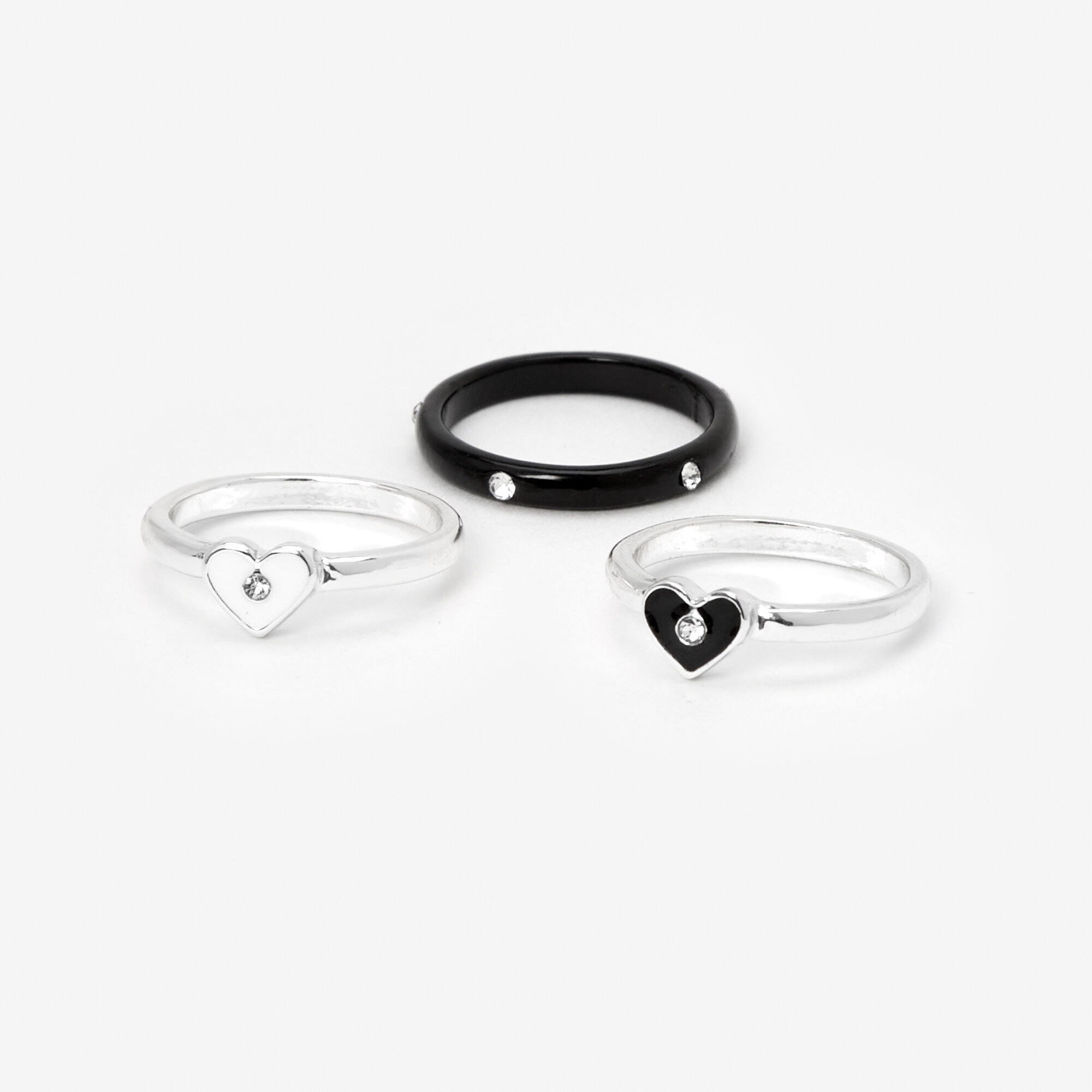 Silver & Black Heart Studded Rings - 3 Pack,