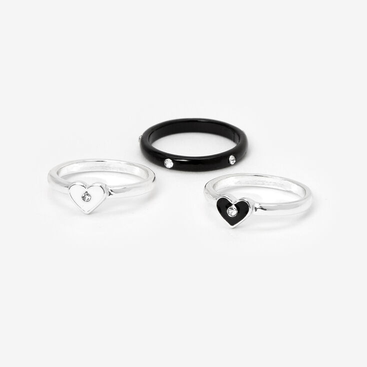 Silver &amp; Black Heart Studded Rings - 3 Pack,