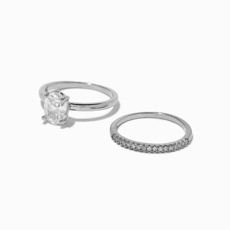 Silver-tone Cubic Zirconia Oval Rings Stack - 2 Pack,