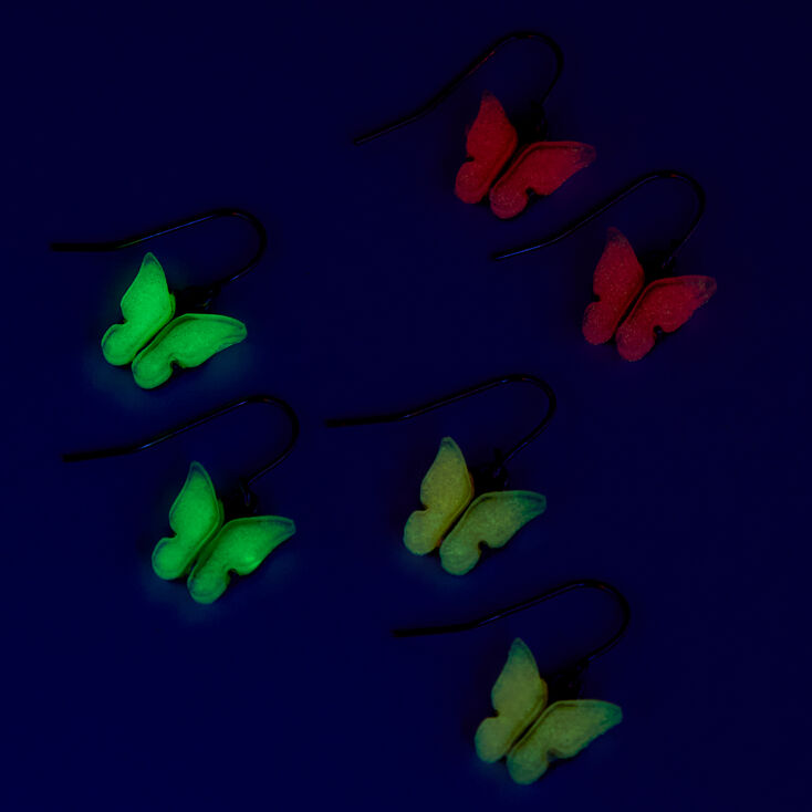 Glow in the Dark Butterfly 1&quot; Drop Earrings - 3 Pack,
