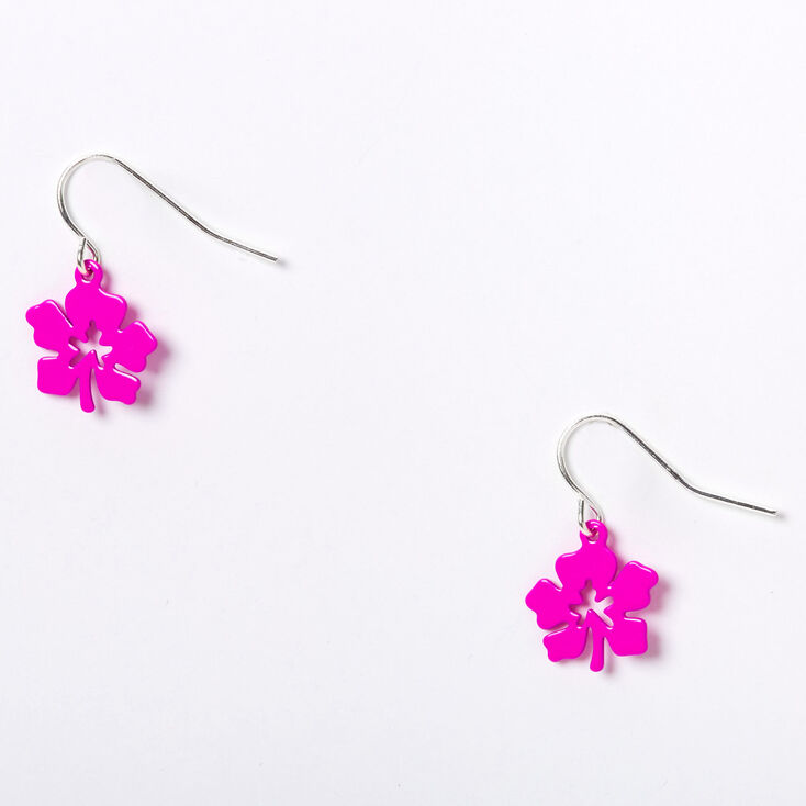 Silver 0.5&quot; Hibiscus Flower Drop Earrings - Pink,