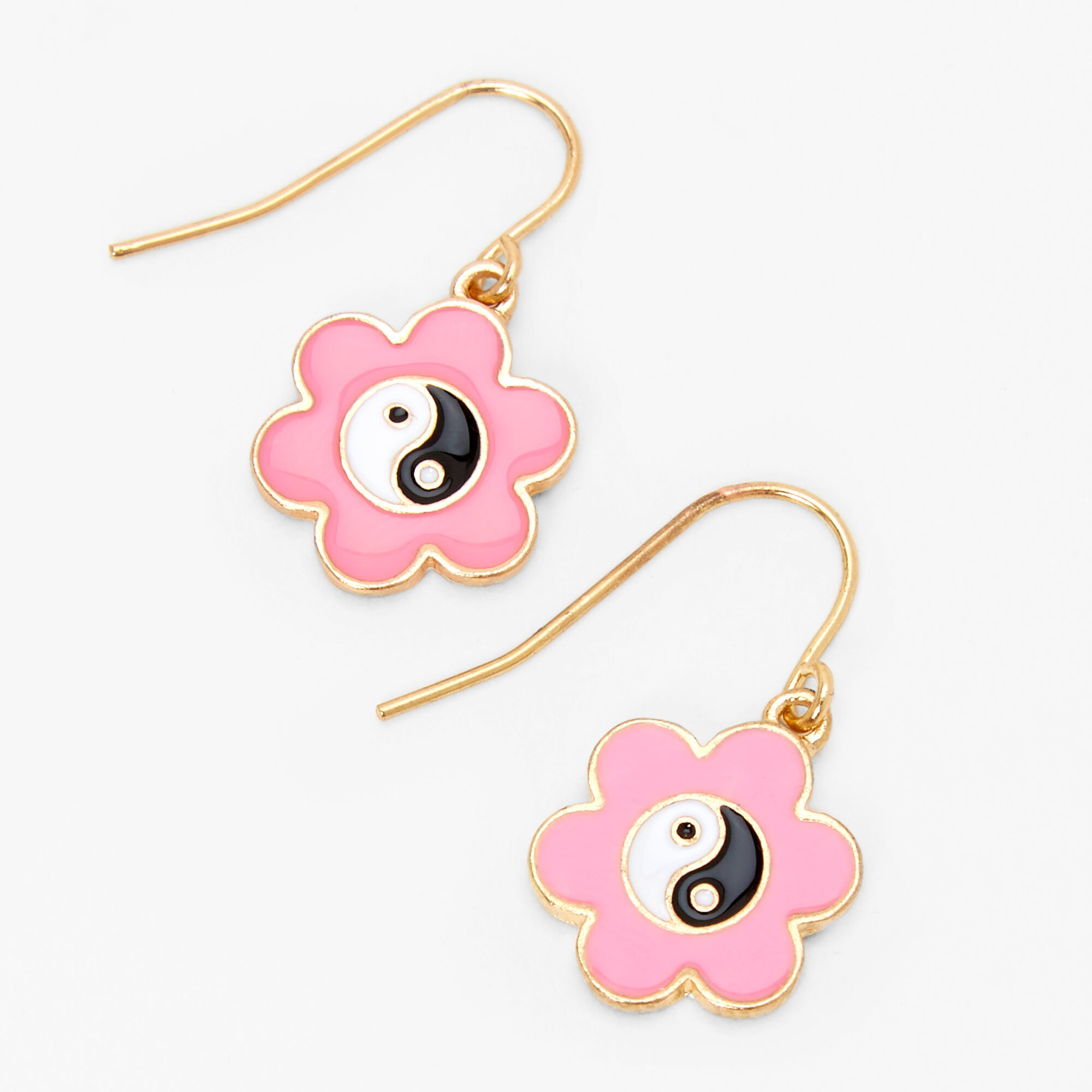 Gold .5" Pink Daisy Yin Yang Drop Earrings,