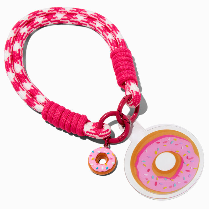 Dragonne pour portable pied-de-poule donut rose,