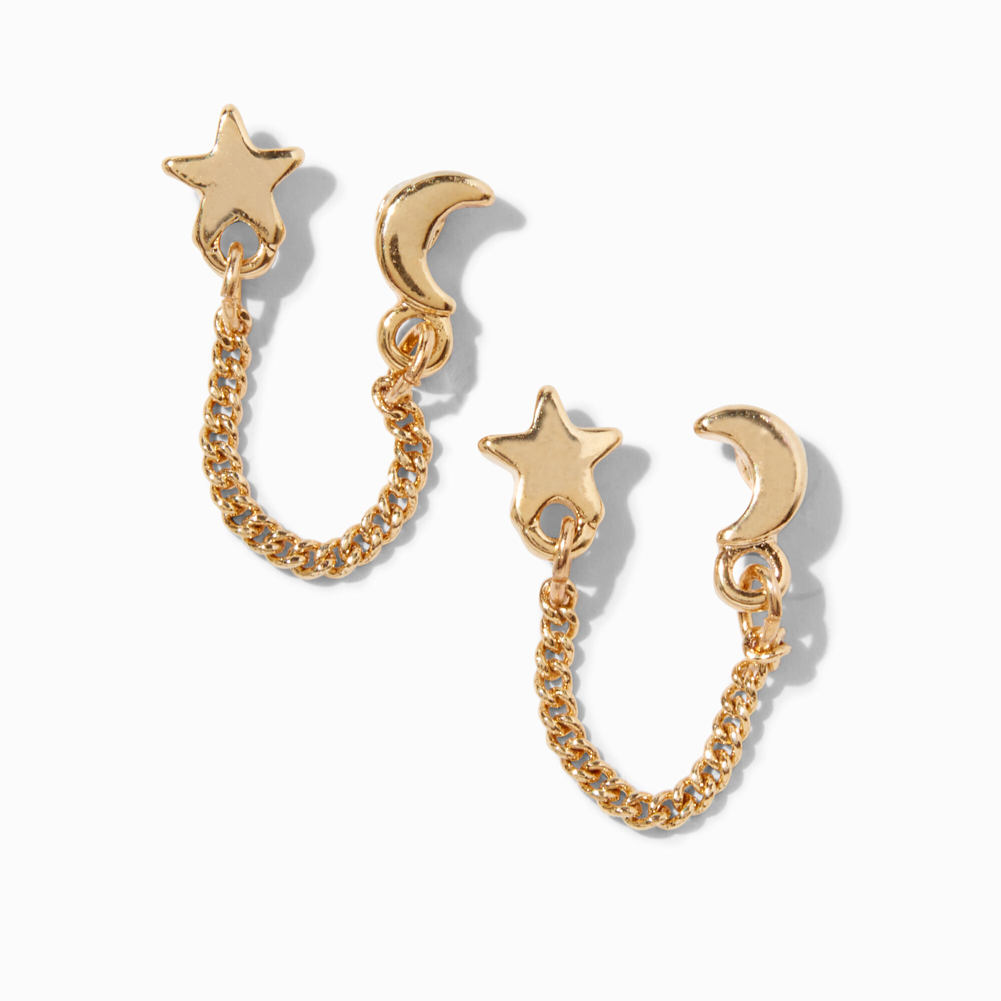 View Claires 18K Plated Star Moon Connector Chain Stud Earrings Gold information