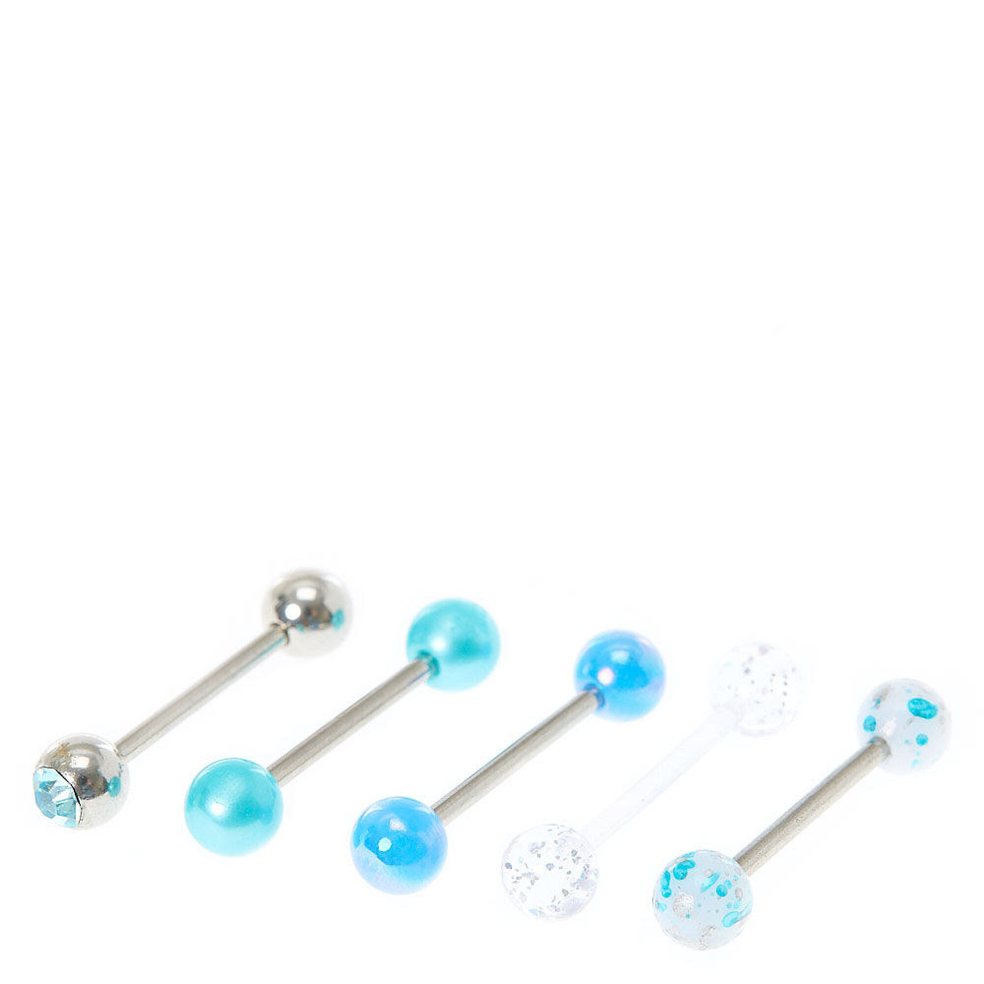 View Claires Aqua Barbell Tongue Rings 5 Pack Blue information
