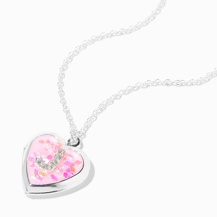 Pink Embellished Initial Glitter Heart Locket Necklace - J,