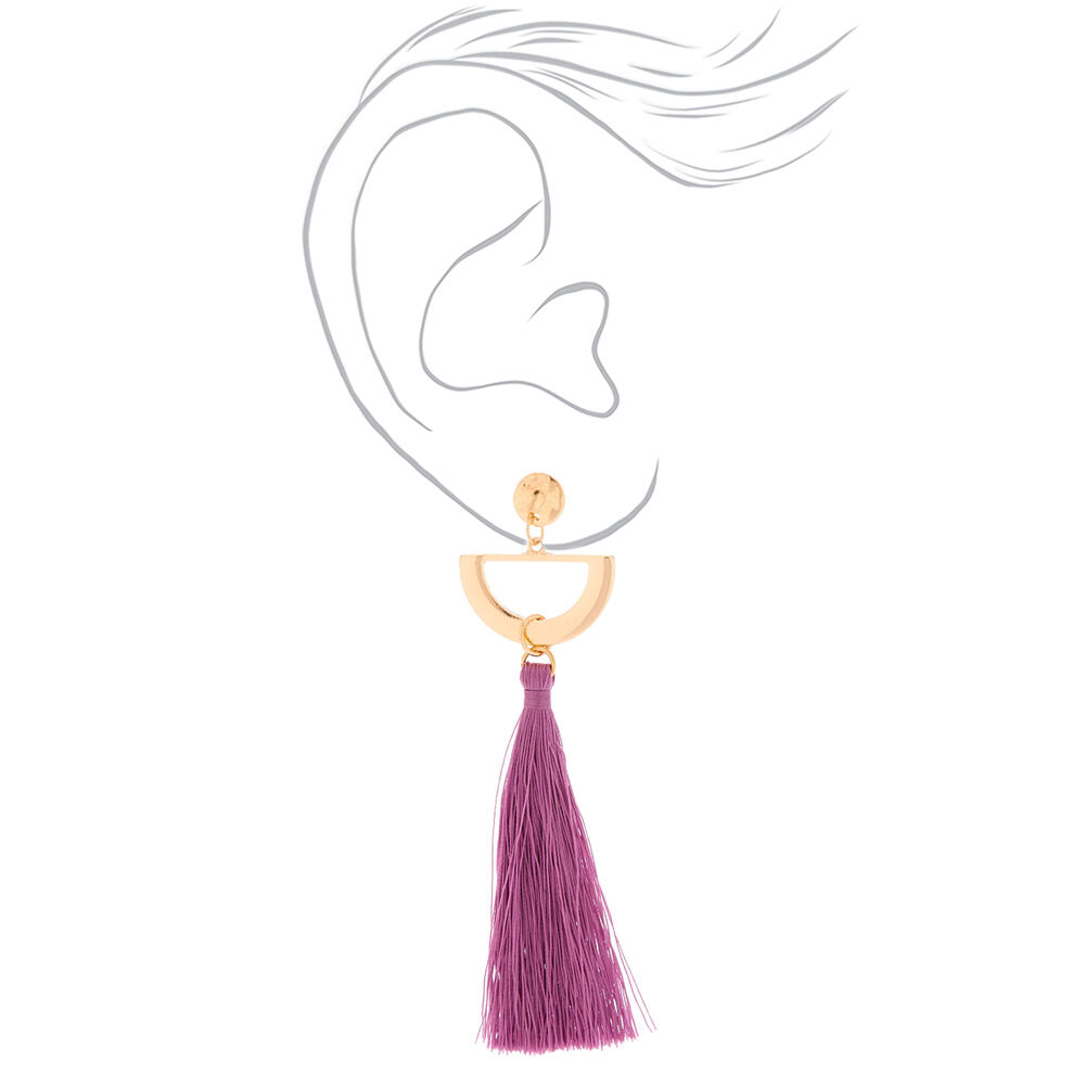 Gold 4" Half Moon Tassel Drop Earrings - Purple,