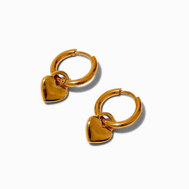 Gold-tone Stainless Steel Heart Dangle Hoop Earrings,