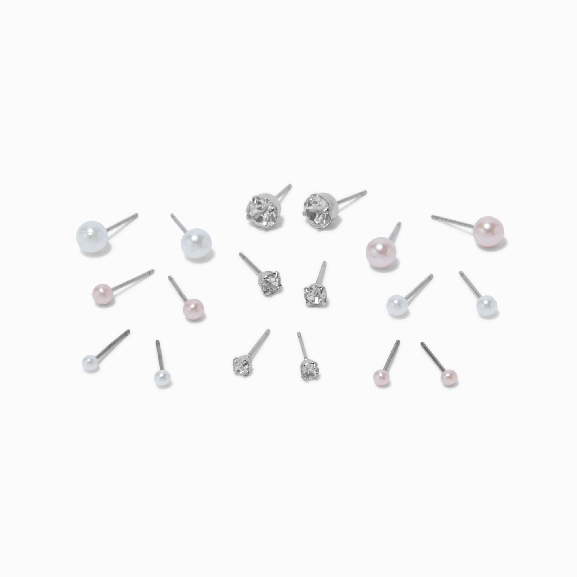 Pink & White Crystal & Pearl Coquette Stud Earrings - 9 Pack,