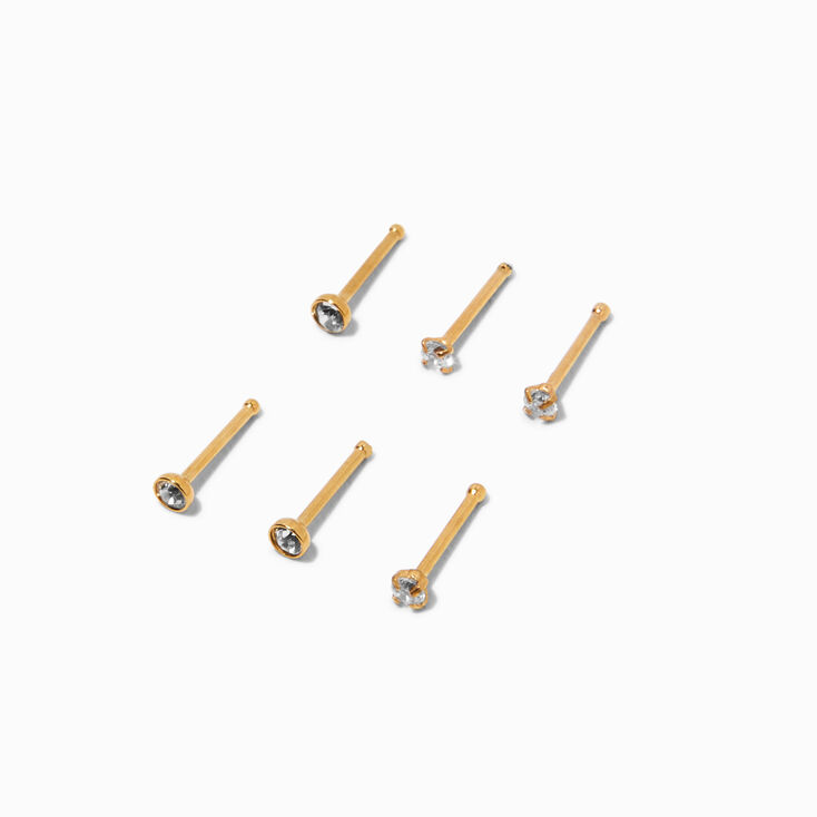 20G Gold-tone Stainless Steel Cubic Zirconia Nose Studs - 6 Pack,
