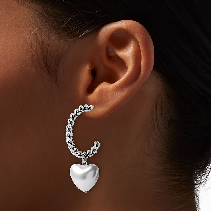 Silver-tone Twisted 30mm Hoops with Pearl Puffy Hearts ,