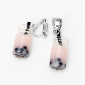 Pink Bubble Tea 1&quot; Clip-On Drop Earrings,