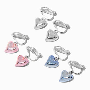 Puffy Heart Clip-On Drop Earrings - 3 Pack ,