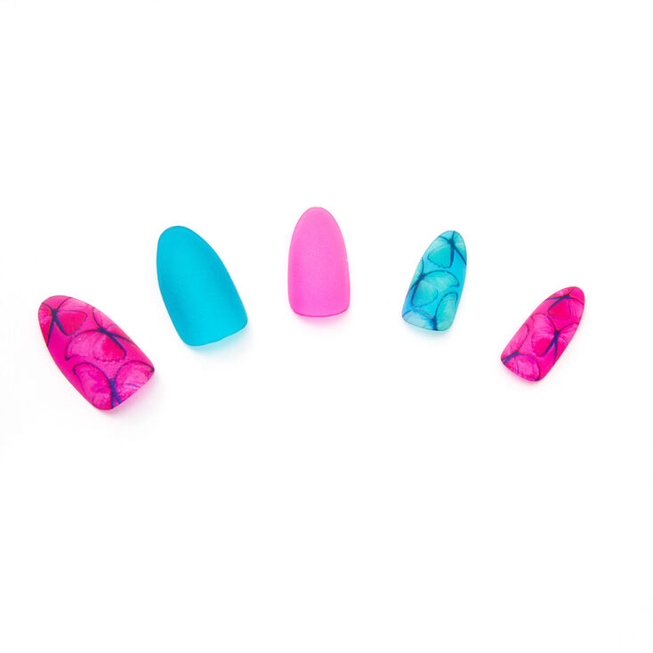 Faux ongles stiletto verre mer papillon - Lot de 24,