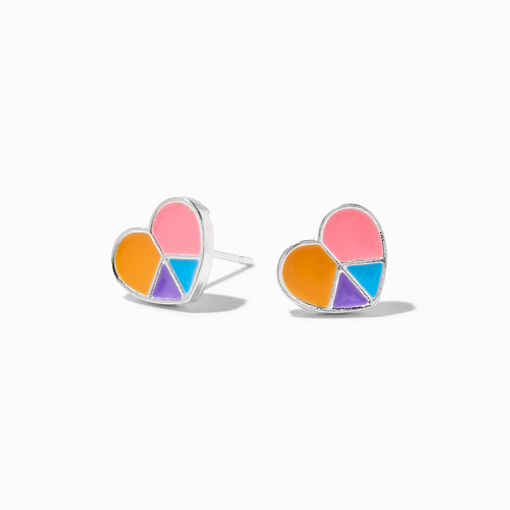 View Claires Rainbow Peace Heart Stud Earrings Silver information