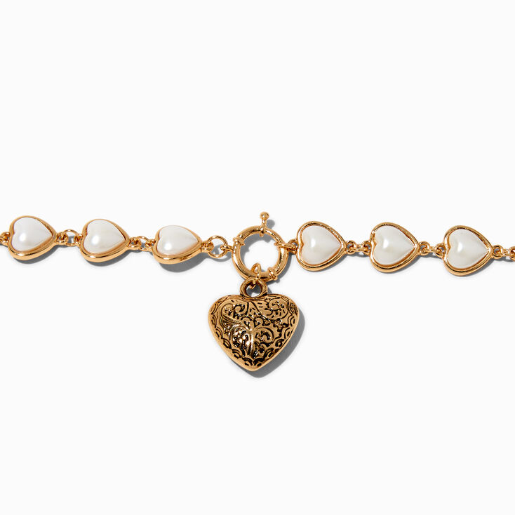 Gold-tone Pearl Heart Chain Bracelet ,