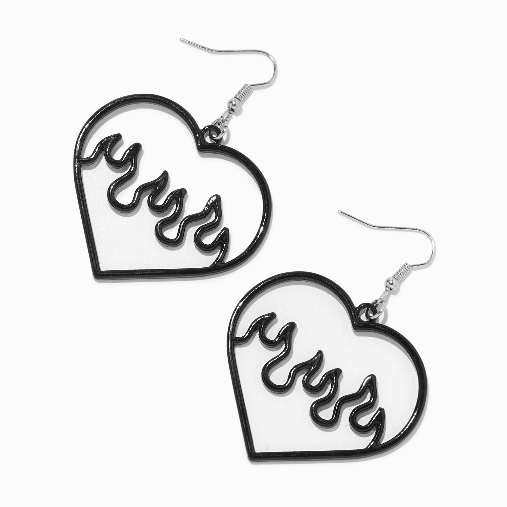 View Claires Flaming Heart Cutout 2 Drop Earrings Black information