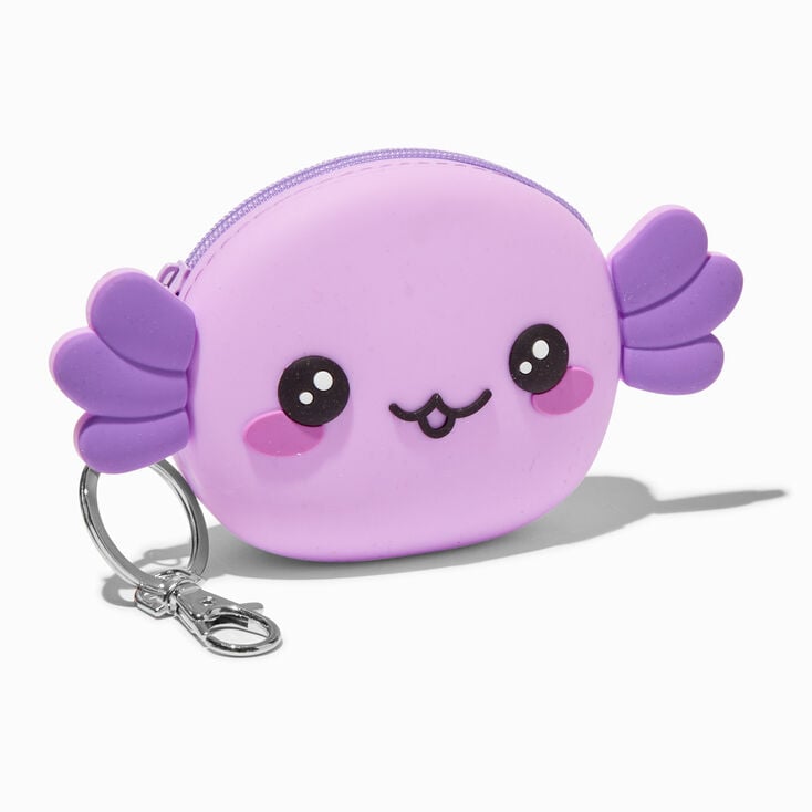 Porte-cl&eacute;s porte-monnaie en silicone axolotl violet,