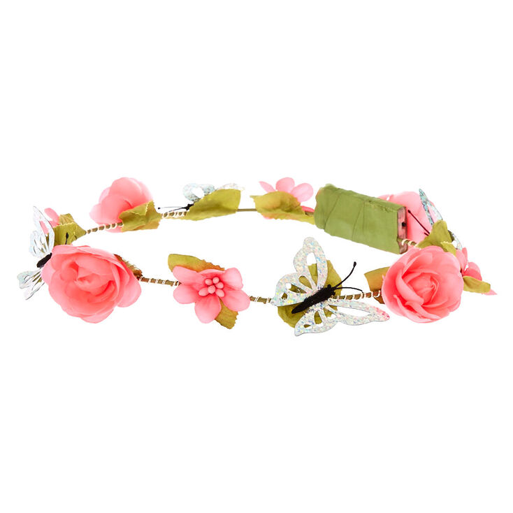 Claire's Serre-tête couronne de fleurs papillons rose vif qui s’allume