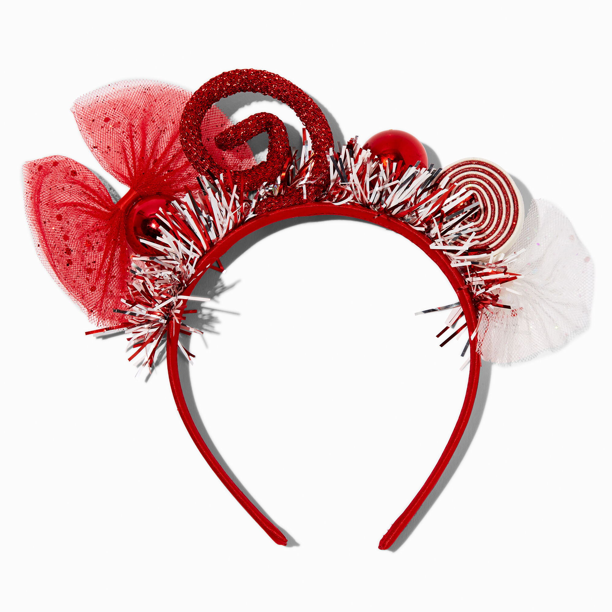 View Claires Peppermint Swirl Tulle Tinsel Headband Red information