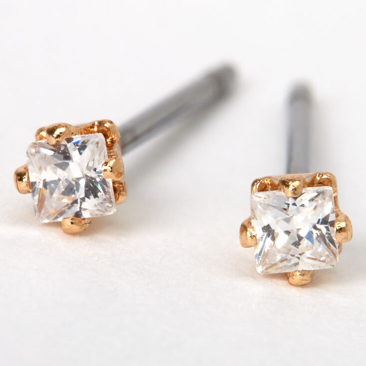 Gold Cubic Zirconia Square Stud Earrings - 2MM,