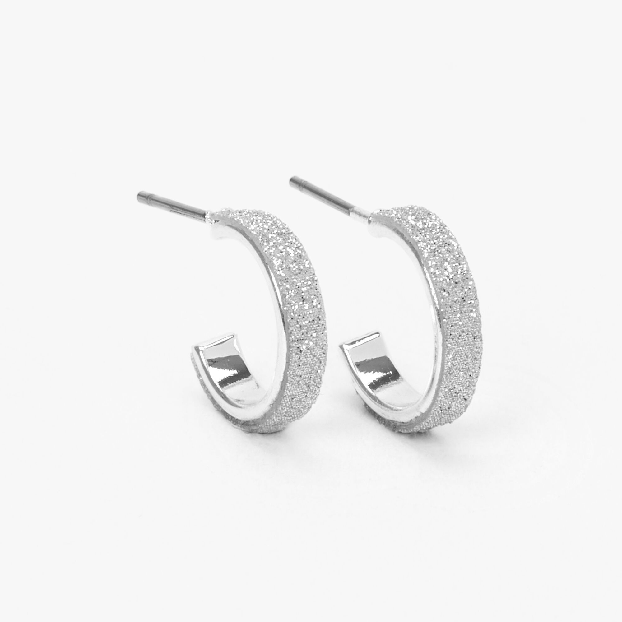 View Claires Tone 10MM Thin Glitter Hoop Earrings Silver information