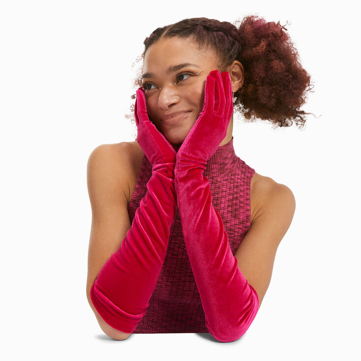 Hot Pink Velvet Long Gloves,