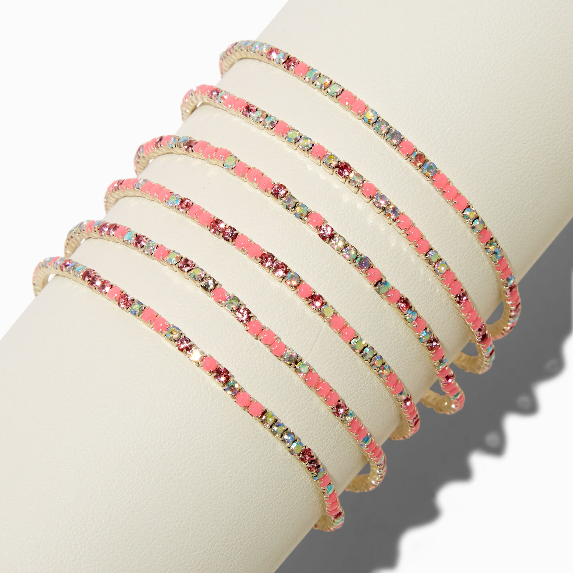 Pink Iridescent Rhinestone Stretch Bracelets - 6 Pack,