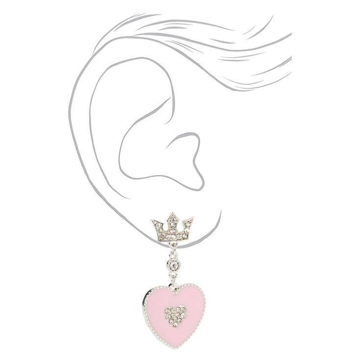1.5&quot; Rhinestone Crown Heart Drop Earrings - Pink,