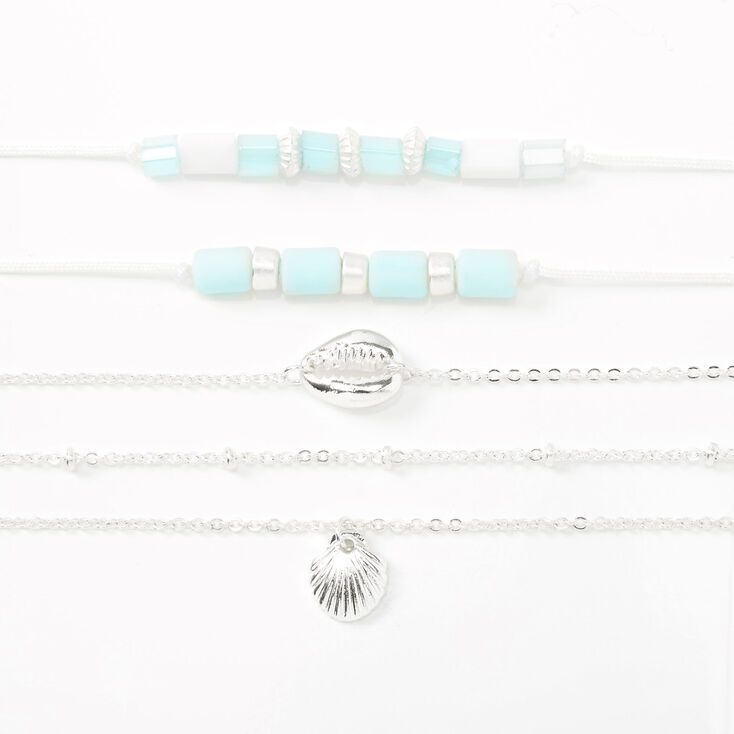 Silver Tropical Seashell Mixed Bracelets - Mint, 5 Pack,