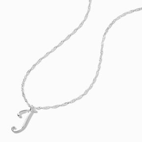 Silver Large Script Initial Pendant Necklace - J,
