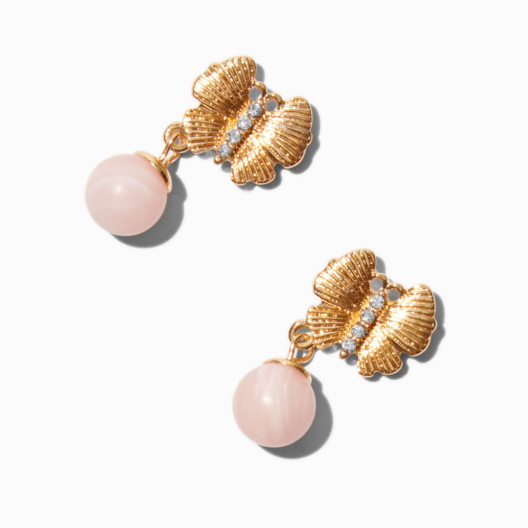 Gold-tone Butterfly & Pink Pearl Drop Earrings,