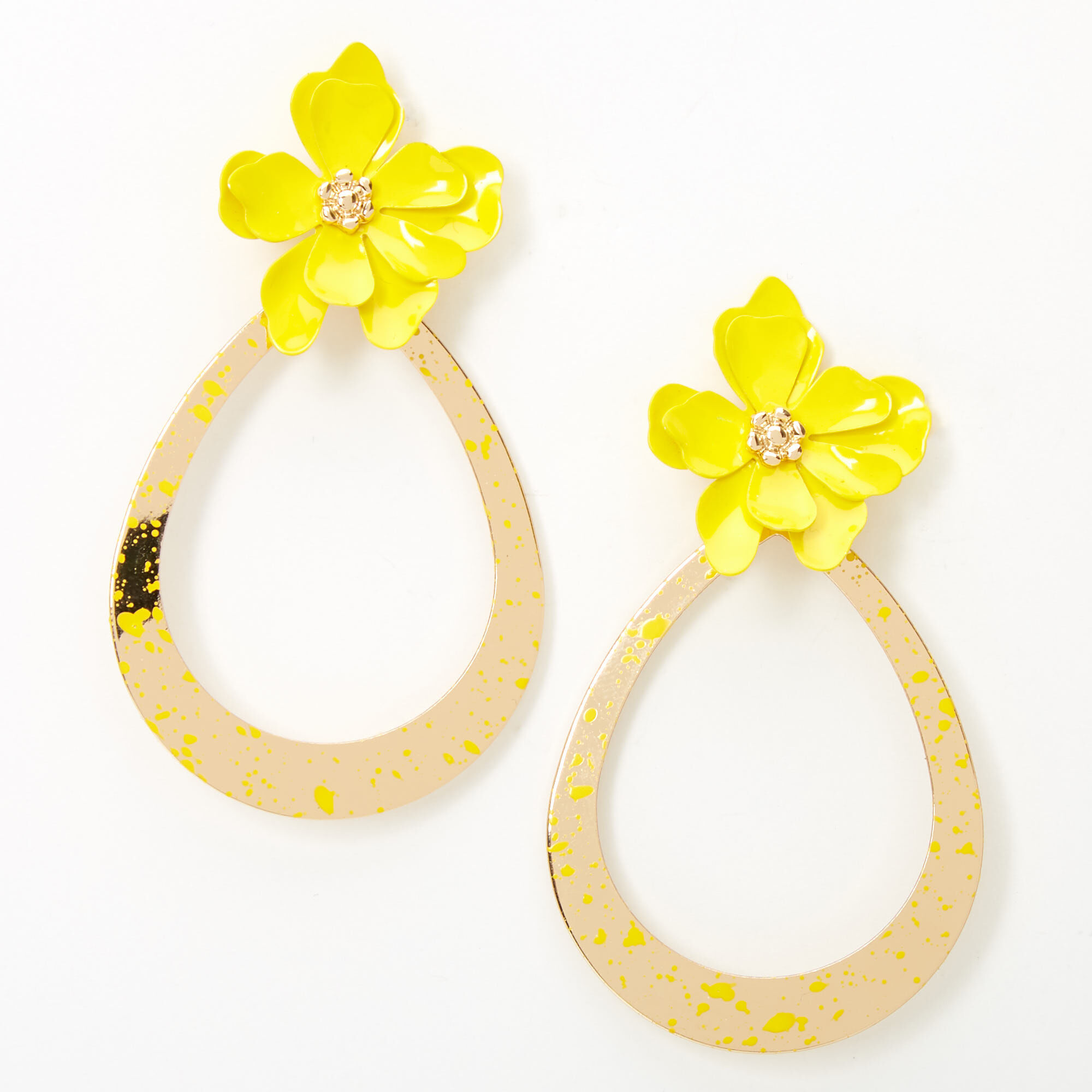 Gold 2" Teardrop Flower Drop Earrings - Yellow,