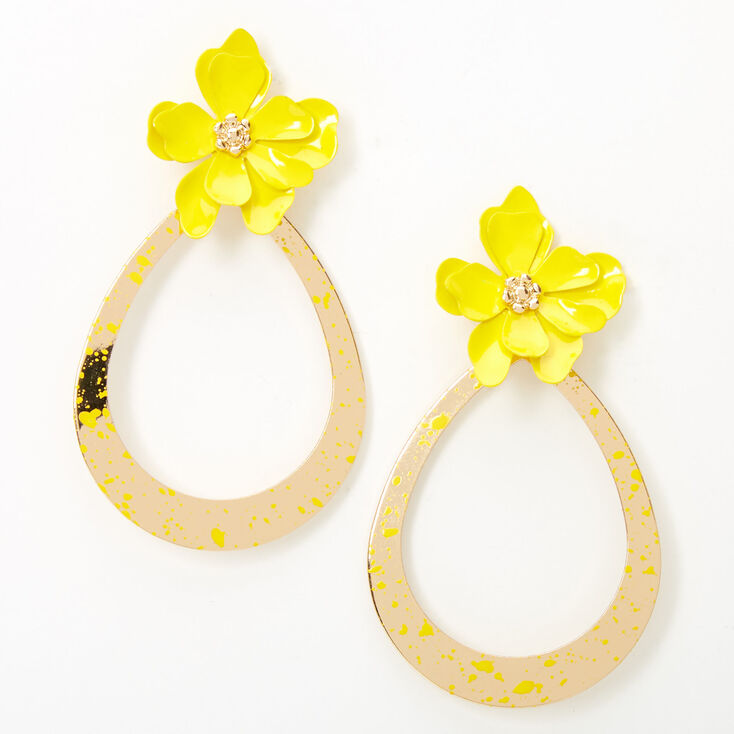Gold 2&quot; Teardrop Flower Drop Earrings - Yellow,