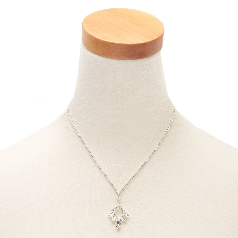 Silver Rhinestone Leaf Pendant Necklace,