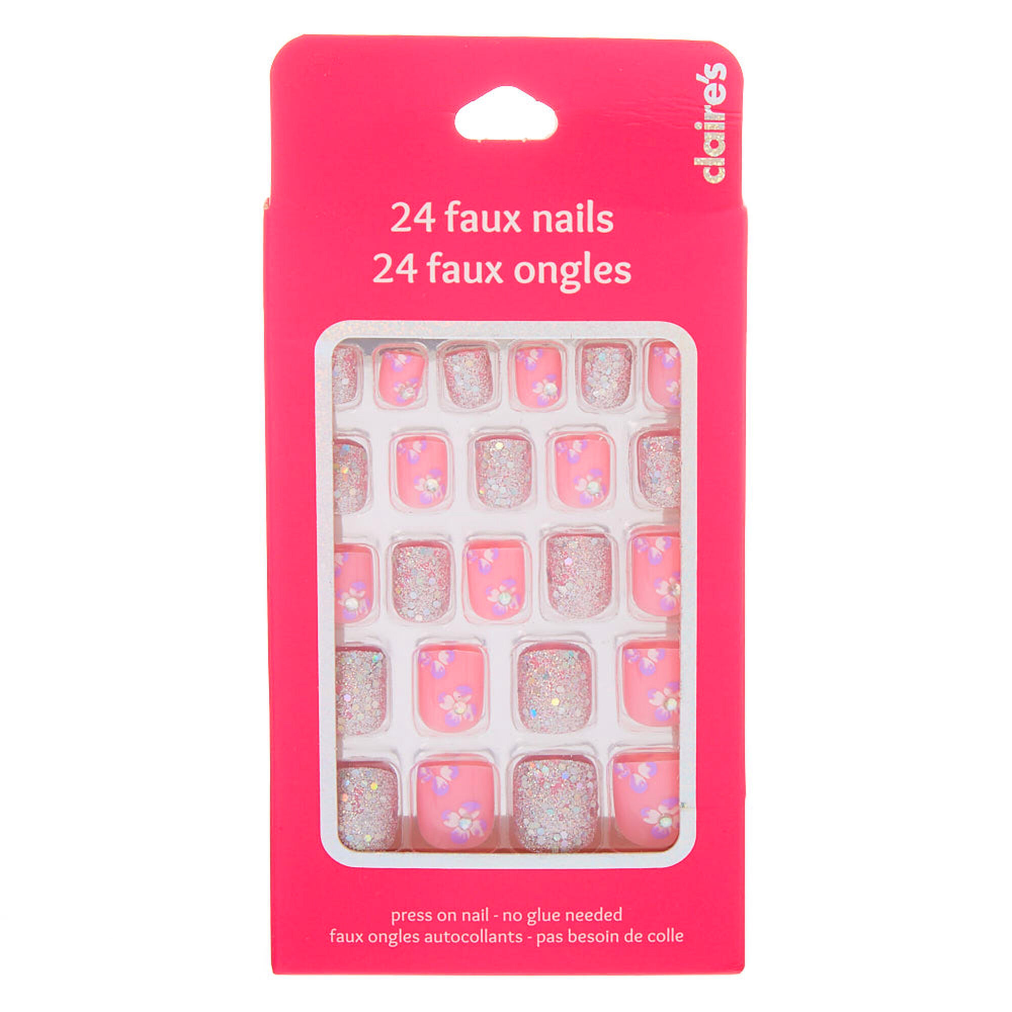 Glitter Floral Square Press On Faux Nail Set - 24 Pack,