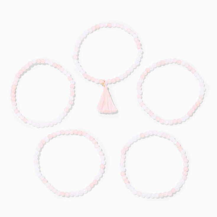 Pink Tassel Beaded Stretch Bracelets - 5 Pack,