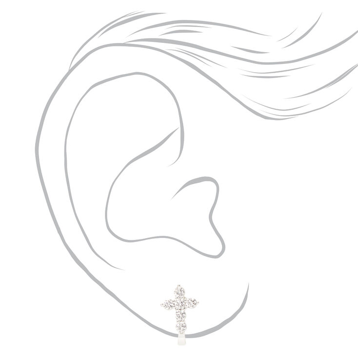Silver Cubic Zirconia Cross Clip On Earrings,