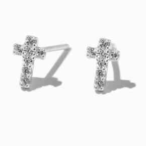 C LUXE by Claire&#39;s Sterling Silver Cubic Zirconia Mini Cross Stud Earrings,