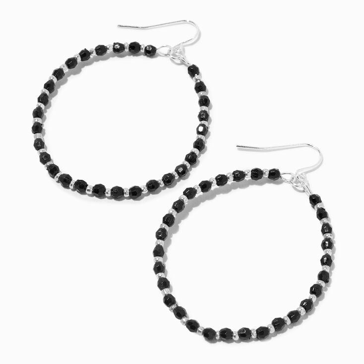 Silver-tone Black Beads 1&quot; Hoop Drop Earrings,