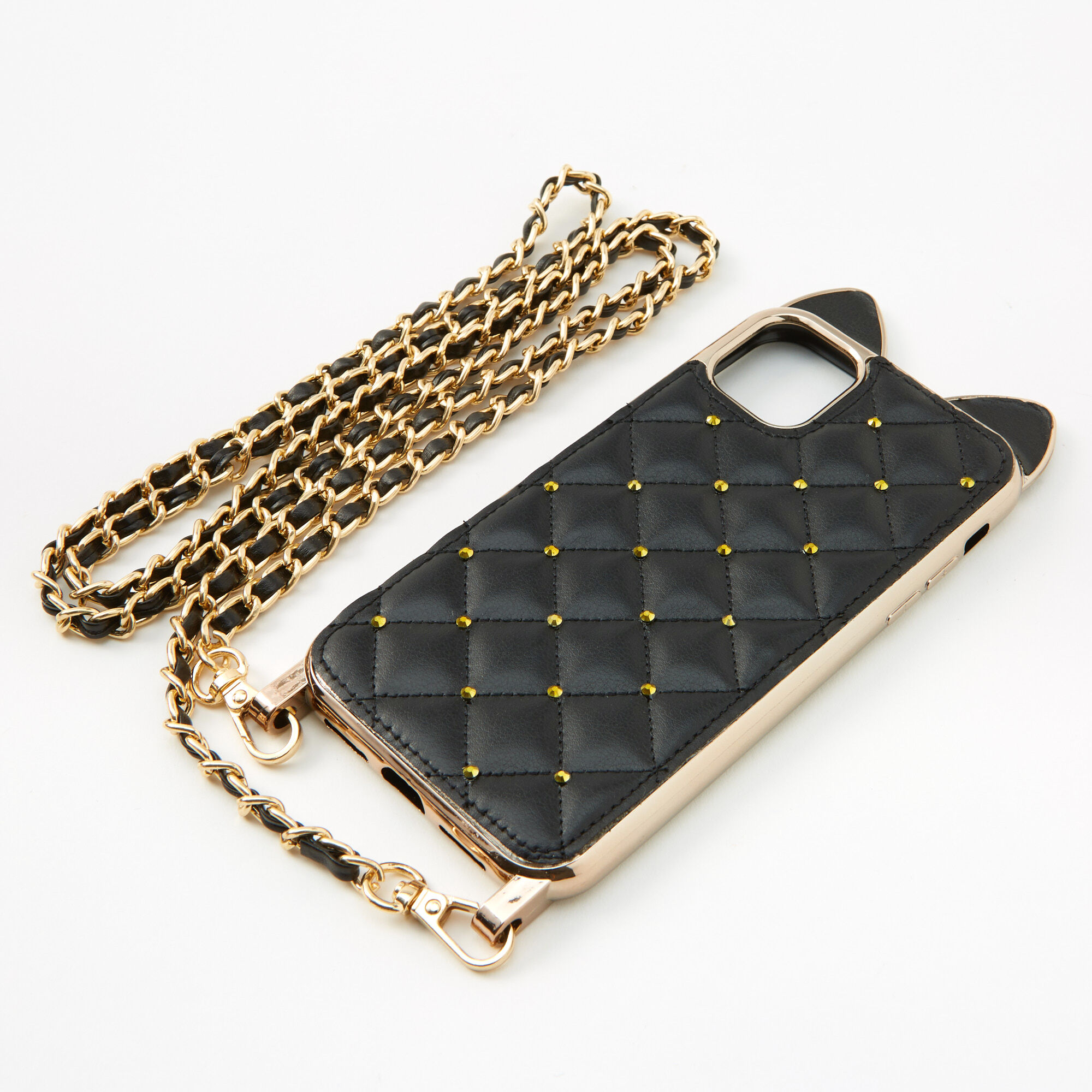 View Claires Cat Quilted Phone Case With Gold Chain Fits Iphone 11 Black information