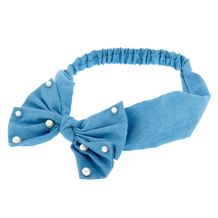 Denim Pearl Bow Headwrap,