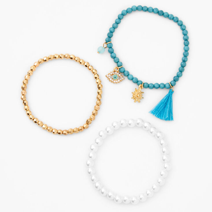 Evil Eye Tassel Pearl Beaded Stretch Bracelets - Blue, 3 Pack,