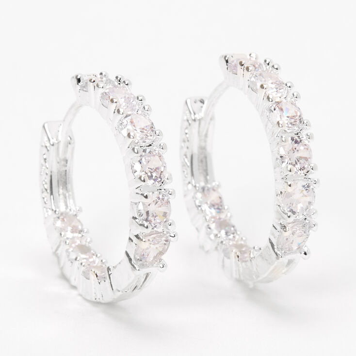 Silver 20MM Cubic Zirconia Hinge Hoop Earrings,