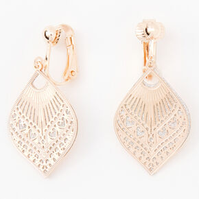 Rose Gold-tone 1&quot; Filigree Teardrop Clip On Drop Earrings,